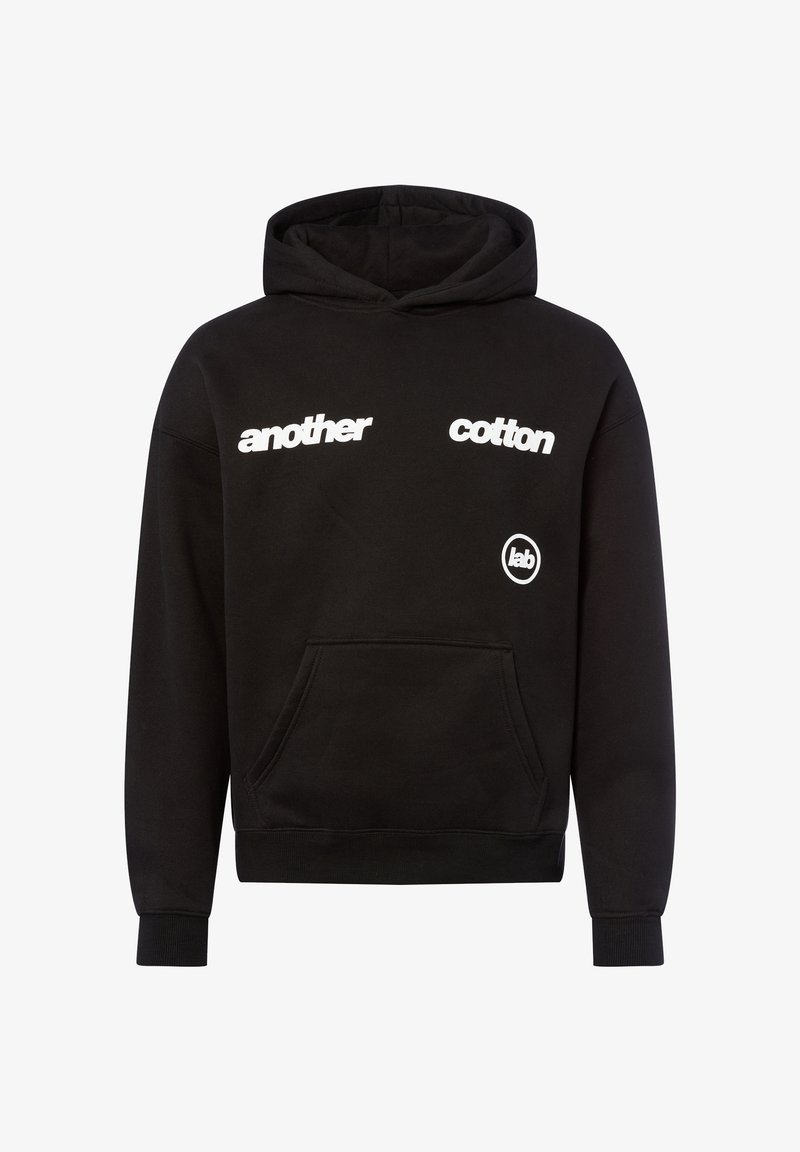 Black hoodie made of cotton featuring white text "another" and "cotton" across the chest, with a circular logo at the bottom.