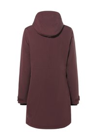 Maroon parka met lange mouwen, capuchon, verstelbare mouwbanden en een rechte zoom, weergegeven vanuit de achterkant op een witte achtergrond.