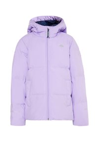 Giacca puffer lavanda con cappuccio, dotata di zip frontale, due tasche laterali e un logo sottile sul petto. Tessuto liscio e isolante.