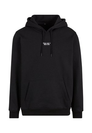 Schwarzer Hoodie aus Baumwollmischung, mit einer Fronttasche, Kordelzugkapuze und dem Text "Heute ist ein guter Tag" in Weiß auf der Brust.