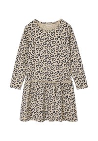 Beiges langärmliges Kleid mit gerafftem Taillenbund und ausgestelltem Rock, verziert mit einem schwarzen Herzen und einem Leopardenmuster.