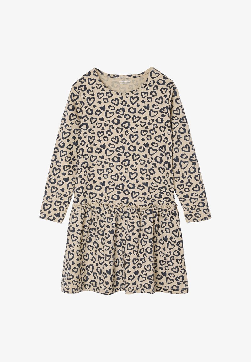 Beiges langärmliges Kleid mit gerafftem Taillenbund und ausgestelltem Rock, verziert mit einem schwarzen Herzen und einem Leopardenmuster.