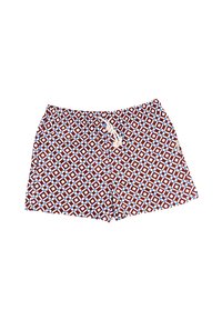 Bruna simbyxor med geometriskt mönster och blå accenter, elastisk midja och justerbar dragsko. Texturerat material.