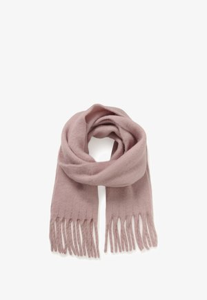 Minkštas rožinis vilnonis šalikas, sulankstytas su ilgais frizūrų pakraščiais abiejuose galuose, priešais baltą foną.