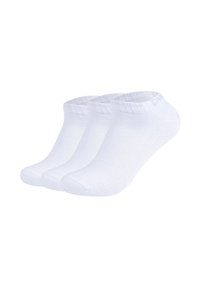 Hvide ankelstrømper, tre par, lavet af blødt materiale, med ribbede kanter, sømløs tådesign og en glat tekstur.
