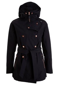 Trench-coat noir ceinturé avec boutons doubles en cuivre, poches zippées et col montant avec capuche attachée.