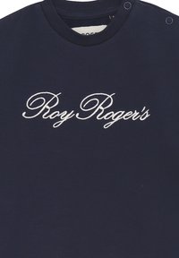 Indumento in cotone blu navy con scollo rotondo e due bottoni a pressione, con testo ricamato bianco che recita "Roy Roger's".