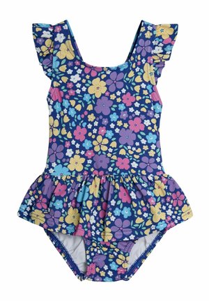 Maillot de bain une pièce floral avec un col volanté, fond bleu, et motifs de fleurs colorées en rose, violet, jaune et blanc.