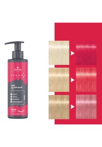 Schwarzkopf Chroma ID Pink Color Mask in een 300 ml pompflacon; roze en grijs ontwerp, naast haarkleurenstalen die de kleurresultaten op verschillende tinten laten zien.