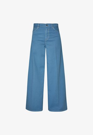 Jeans a gamba larga di colore blu chiaro in denim, con chiusura a bottone, passanti per cintura e tasche frontali con cuciture a contrasto.