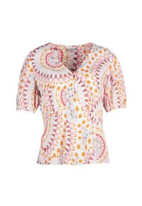 Blusa a maniche corte in tessuto leggero con un vivace motivo floreale caratterizzato da vortici di rosa, arancio e giallo su sfondo bianco.