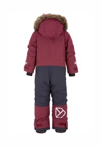 Bordeaux och marinblå isolerad endelad sn overall med faux fur-huvtröja, justerbara ärmslut och reflexdetaljer. Har en logotyp på benet.