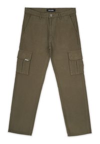 Cargo kalhoty v olivově zelené barvě ze směsi bavlny, s dvěma velkými bočními kapsami, předním zapínáním na knoflík a rovnýma nohama.