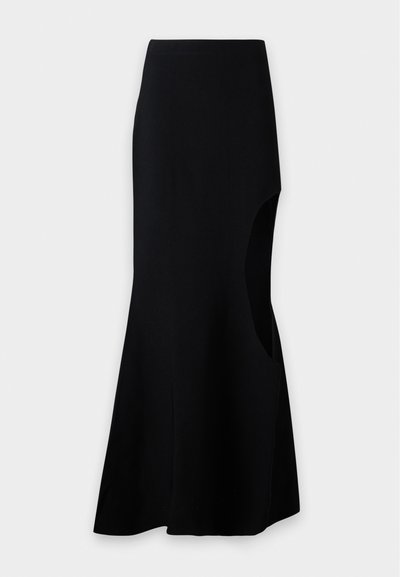 Black high-waist long skirt with asymmetrical hem and large side cutout on the right side against a plain background.