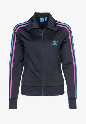 Černá sportovní bunda na zip s vysokým límcem, s tyrkysovými a růžovými pruhy na rukávech a vyšitým logem adidas na hrudi.
