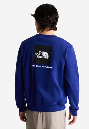 Mand iført en blå sweatshirt med The North Face-logo og teksten "Never Stop Exploring" på ryggen, beige bukser, vendt væk.