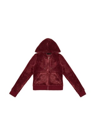 Felpa in velluto bordeaux con zip frontale, cappuccio regolabile con cordino, due tasche anteriori e polsini e orlo a coste. Texture morbida, design casual.