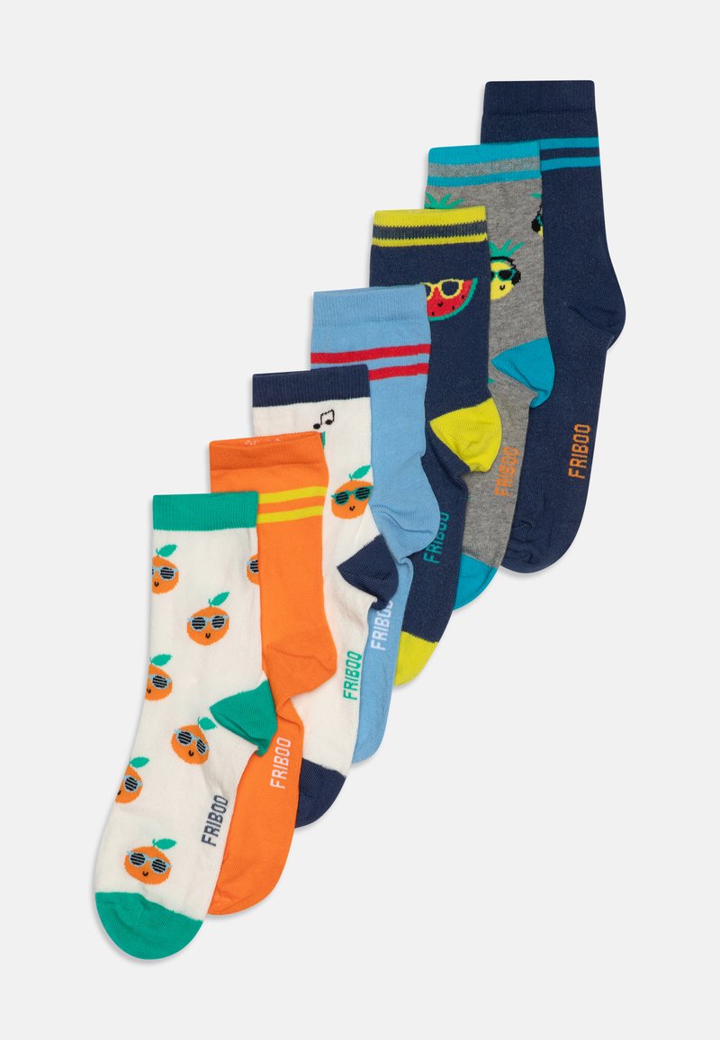 Set di calzini colorati con motivi di arance, note musicali e frutta. Realizzati in un tessuto morbido in diverse tonalità tra cui blu, arancione e grigio.