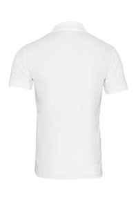 White short-sleeve polo shirt with a soft texture, featuring a classic collar and a clean, smooth back design. No visible logos.