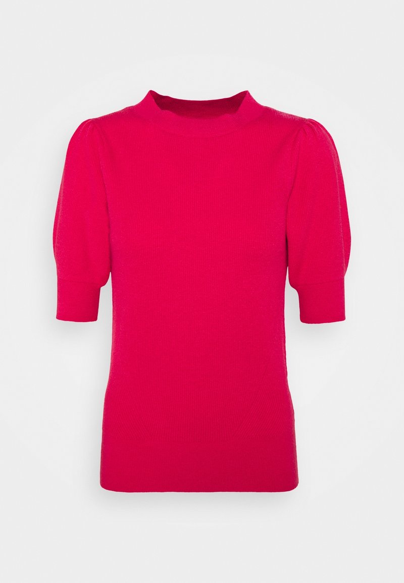 Fittet kortærmet sweater i lys pink. Ribbet tekstur, høj hals og oppustede ærmer. Simpelt, rent design uden synlige mønstre.