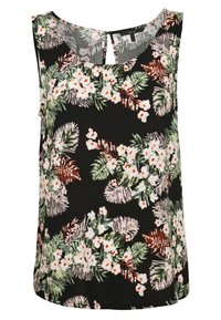 Top sans manches noir avec un motif floral comprenant des fleurs blanches et des feuilles vertes. Encolure ronde avec un détail en goutte d'eau au dos. Tissu doux.