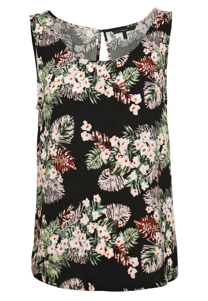 Top sans manches noir avec un motif floral comprenant des fleurs blanches et des feuilles vertes. Encolure ronde avec un détail en goutte d'eau au dos. Tissu doux.