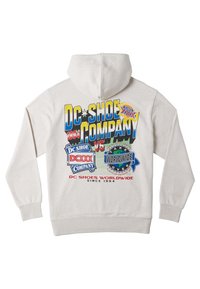 Light gray hooded sweatshirt featuring a colorful graphic print on the back with various logos and text, including "DC SHOE COMPANY" and "WORLDWIDE."