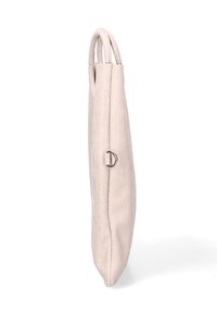 Borsa in pelle rosa chiaro, profilo slim con parte superiore arrotondata, doppi manici, accessori in metallo argentato, texture liscia, design minimalista.