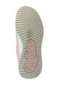 Semelle de sneaker blanche et rose avec des rainures texturées. Présente un logo rose bien en vue avec le mot "Buffalo" au centre supérieur de la semelle.