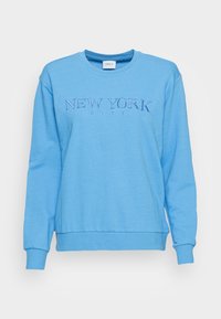Světle modrá mikina s dlouhými rukávy, kulatým výstřihem a vyšitým nápisem "NEW YORK CITY" v tmavě modré barvě přes prsa. Měkká bavlněná směs.