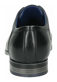 Schwarze Lederschuhe mit niedrigem Absatz, glatter Textur und kontrastierender blauer Innenverkleidung. Verfügt über dezente Nähte und ein rundes Zehendesign.