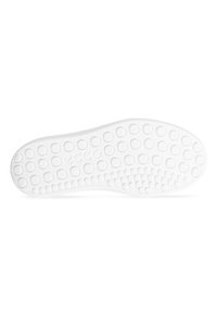 Sole di scarpa in gomma bianca caratterizzata da una superficie testurizzata con vari modelli circolari per la trazione. Marcata con il nome del marchio e la taglia.
