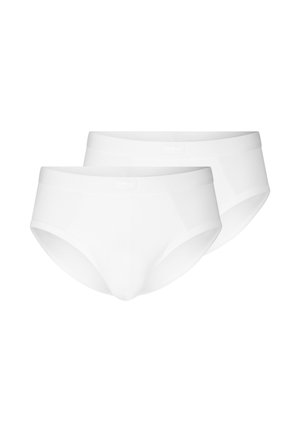 Zwei schlichte weiße Herren-Slips mit elastischem Bund, auf einem weißen Hintergrund überlappend dargestellt.