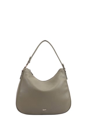 Hobo-Tasche aus glattem grauem Leder, mit einer geschwungenen Silhouette, einem einzelnen Schulterriemen und einem dezenten Logo-Detail auf der Vorderseite.