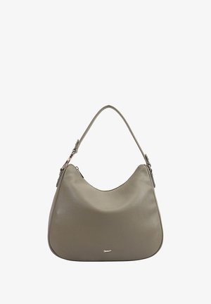 Hobo-Tasche aus glattem grauem Leder, mit einer geschwungenen Silhouette, einem einzelnen Schulterriemen und einem dezenten Logo-Detail auf der Vorderseite.