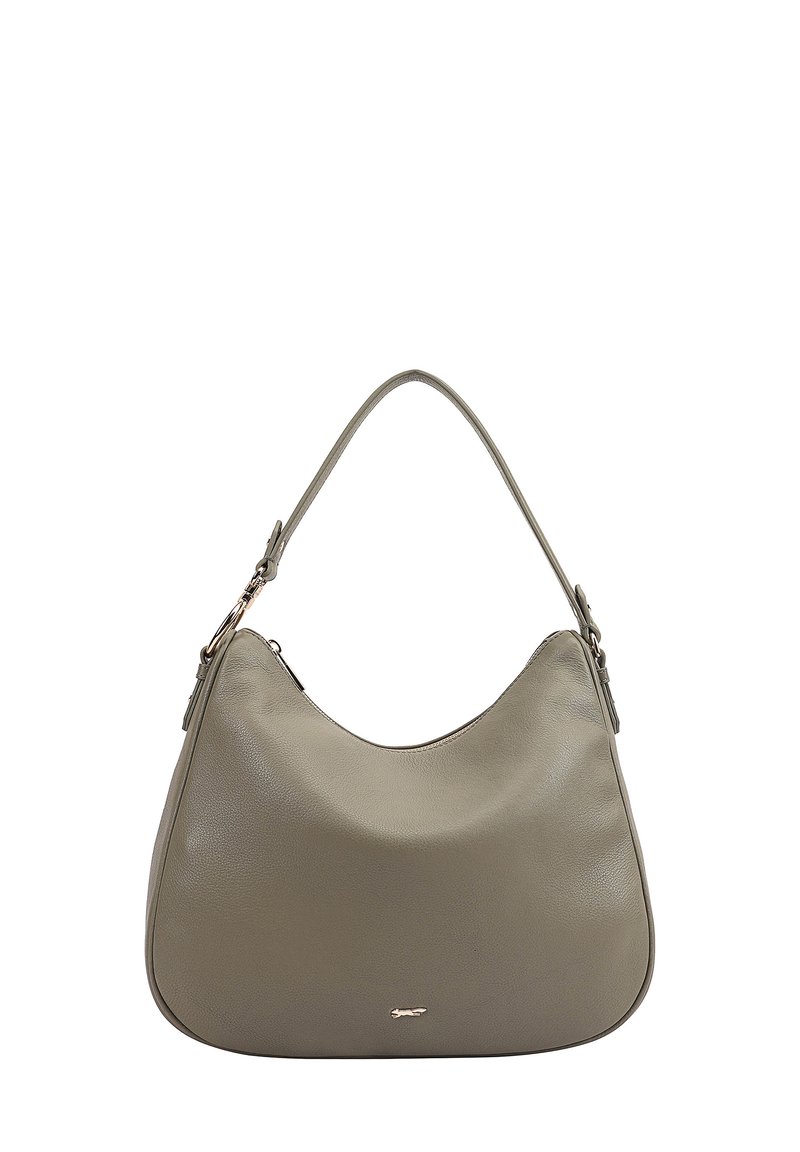 Hobo tas van glad grijs leer, met een gebogen silhouet, een enkele schouderband en een subtiele logoaccent aan de voorkant.
