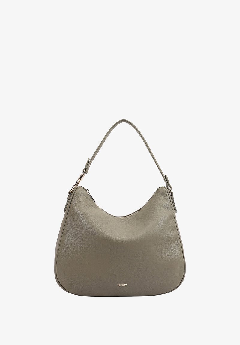 Hobo tas van glad grijs leer, met een gebogen silhouet, een enkele schouderband en een subtiele logoaccent aan de voorkant.