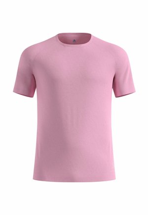T-shirt rosa chiaro a maniche corte con scollo a girocollo e maniche raglan, mostrata su uno sfondo bianco.