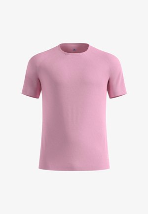 T-shirt rosa chiaro a maniche corte con scollo a girocollo e maniche raglan, mostrata su uno sfondo bianco.