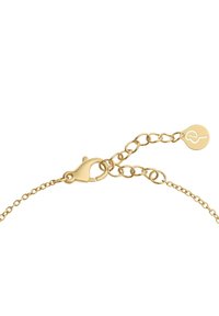 Gold chain bracelet with a lobster clasp. Features a series of linked oval shapes and a small circular tag with an engraving.