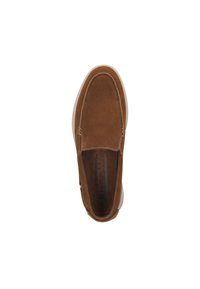 Braune Wildleder Slipper mit runder Spitze und leichtem Gummisole. Verfügt über sichtbare Nähte und ein Logo auf der Innensohle.