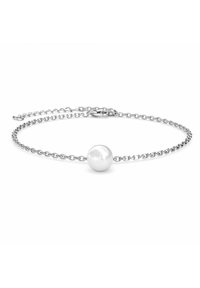 Bracciale in argento con una perlina bianca rotonda e liscia al centro. La catena presenta anelli e una chiusura regolabile per adattarsi al polso.