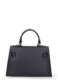 Piccola borsa a mano in pelle blu navy con manico arrotondato, hardware dorato, superficie testurizzata e forma strutturata. Accenti laterali notevoli inclusi.