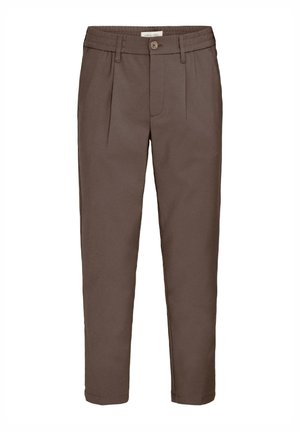 Brune, koniske bukser med læg, knaplukning, bæltestropper og sidelommer, velegnet til både afslappet og formelt brug.