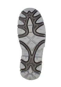 Grijze rubberen schoenzool met diepe groeven en patronen, voorzien van een zwarte accent langs de randen, ontworpen voor grip en duurzaamheid.