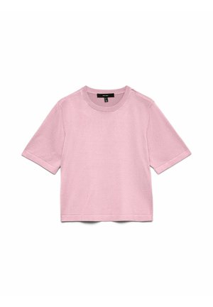 Maglietta a maniche corte in maglia rosa chiaro con scollo rotondo e colletto, orlo e polsini delle maniche a coste.