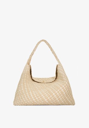Woven beige bag with a large, slouchy shape and a single, wide shoulder strap; features a subtle gold snap closure detail.