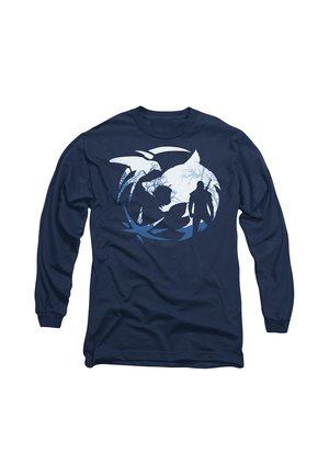 Navy blue long-sleeve shirt with a circular graphic of a man, a wolf, and a bird against a backdrop of tree branches.