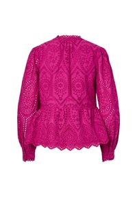 Rosa peplum-bluse med intrikate hulmønstre, lange ærmer og en flæsekrave. Bølgeformet kant med detaljerede udskæringer.