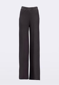 Pantaloni cu picioare largi, de culoare gri închis, cu dungi verticale subtile, prevăzuți cu talie elastică și textură netedă pe întreaga suprafață.